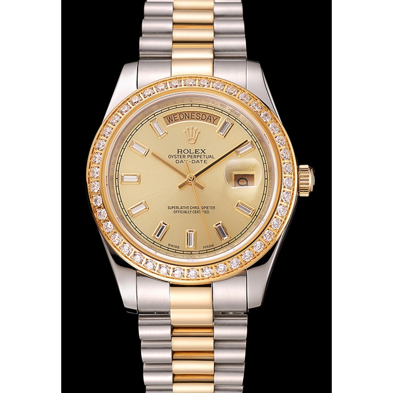 Aaa replica Dial Tone Bracelet Diamond Swiss Bezel Rolex Two Champagne 1454103 Day-Date 0802